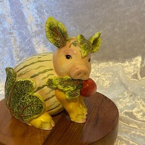 Fitz and Floyd Yellow Pig with Green and Red Leaf Accents